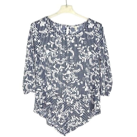 NWT Cato L Blue Tunic Blouse 3/4 Sleeve Floral Vertical Stripe Asymmetrical Hem - Picture 1 of 12
